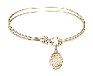 5 3/4 inch Oval Eye Hook Hamilton Gold Bangle Bracelet with a 14kt Gold Filled Saint Margaret Mary Alacoque charm. Engraved Catholic Saint Jewelry