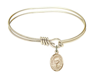 5 3/4 inch Oval Eye Hook Hamilton Gold Bangle Bracelet with a 14kt Gold Filled Saint Maximilian Kolbe charm. Engraved Catholic Saint Jewelry