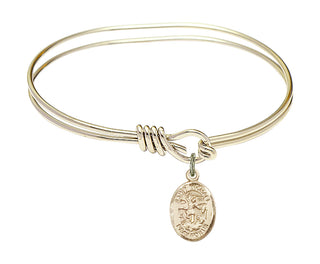 5 3/4 inch Oval Eye Hook Hamilton Gold Bangle Bracelet with a 14kt Gold Filled Saint Michael the Archangel charm. Engraved Catholic Saint Jewelry