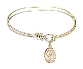 5 3/4 inch Oval Eye Hook Hamilton Gold Bangle Bracelet with a 14kt Gold Filled Saint Philomena charm. Engraved Catholic Saint Jewelry