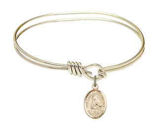 5 3/4 inch Oval Eye Hook Hamilton Gold Bangle Bracelet with a 14kt Gold Filled Our Lady of Providence charm. Engraved Catholic Saint Jewelry