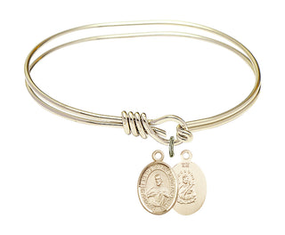 5 3/4 inch Oval Eye Hook Hamilton Gold Bangle Bracelet with a 14kt Gold Filled Scapular charm. Engraved Catholic Saint Jewelry