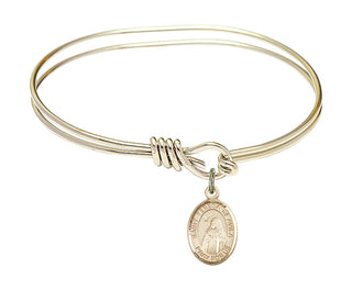 5 3/4 inch Oval Eye Hook Hamilton Gold Bangle Bracelet with a 14kt Gold Filled Saint Teresa of Avila charm. Engraved Catholic Saint Jewelry