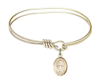 5 3/4 inch Oval Eye Hook Hamilton Gold Bangle Bracelet with a 14kt Gold Filled Saint Zachary charm. Engraved Catholic Saint Jewelry