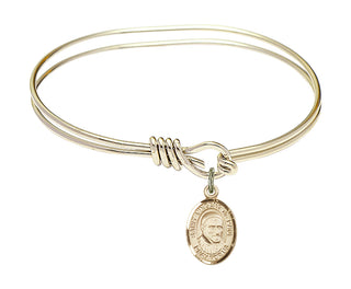 5 3/4 inch Oval Eye Hook Hamilton Gold Bangle Bracelet with a 14kt Gold Filled Saint Vincent de Paul charm. Engraved Catholic Saint Jewelry