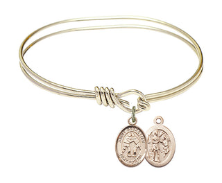 5 3/4 inch Oval Eye Hook Hamilton Gold Bangle Bracelet with a 14kt Gold Filled Saint Sebastian/Wrestling charm.