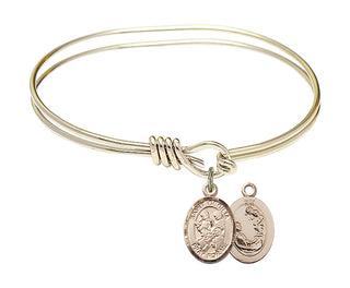 5 3/4 inch Oval Eye Hook Hamilton Gold Bangle Bracelet with a 14kt Gold Filled Saint Cecilia / Marching Band charm.