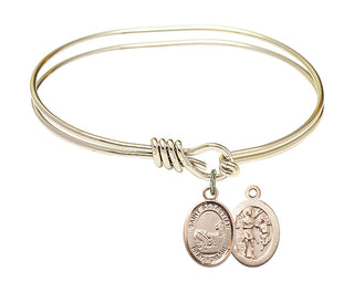 5 3/4 inch Oval Eye Hook Hamilton Gold Bangle Bracelet with a 14kt Gold Filled Saint Sebastian / Fishing charm.