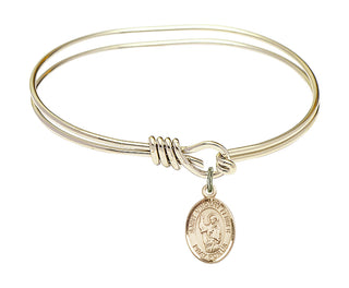5 3/4 inch Oval Eye Hook Hamilton Gold Bangle Bracelet with a 14kt Gold Filled Saint Vincent Ferrer charm. Engraved Catholic Saint Jewelry