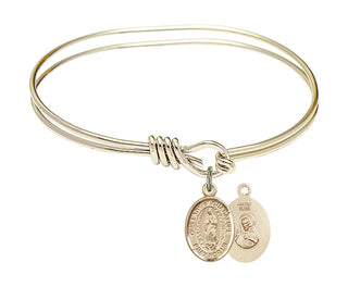5 3/4 inch Oval Eye Hook Hamilton Gold Bangle Bracelet with a 14kt Gold Filled Our Lady of Guadalupe charm. Engraved Catholic Saint Jewelry