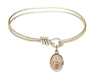 5 3/4 inch Oval Eye Hook Hamilton Gold Bangle Bracelet with a 14kt Gold Filled Saint Petronilla charm. Engraved Catholic Saint Jewelry