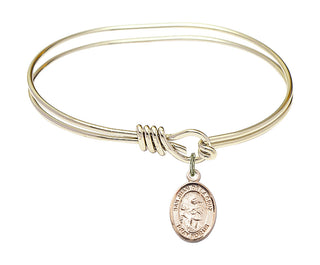 5 3/4 inch Oval Eye Hook Hamilton Gold Bangle Bracelet with a 14kt Gold Filled San Juan de la Cruz charm. Engraved Catholic Saint Jewelry