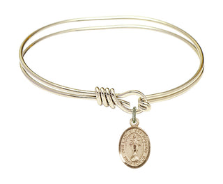 5 3/4 inch Oval Eye Hook Hamilton Gold Bangle Bracelet with a 14kt Gold Filled Our Lady of All Nations charm. Engraved Catholic Saint Jewelry