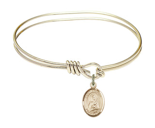 5 3/4 inch Oval Eye Hook Hamilton Gold Bangle Bracelet with a 14kt Gold Filled Saint Victoria charm. Engraved Catholic Saint Jewelry