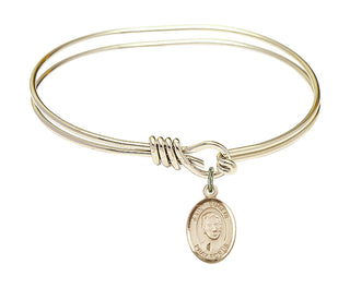 5 3/4 inch Oval Eye Hook Hamilton Gold Bangle Bracelet with a 14kt Gold Filled Saint Eugene de Mazenod charm. Engraved Catholic Saint Jewelry
