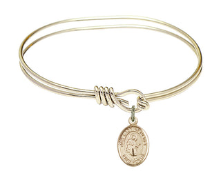 5 3/4 inch Oval Eye Hook Hamilton Gold Bangle Bracelet with a 14kt Gold Filled Our Lady of Mercy charm. Engraved Catholic Saint Jewelry