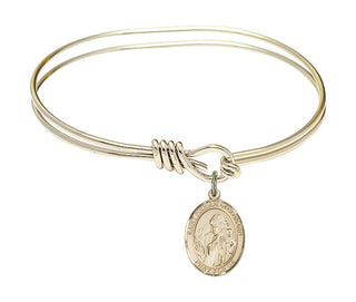 5 3/4 inch Oval Eye Hook Hamilton Gold Bangle Bracelet with a 14kt Gold Filled Saint Finnian of Clonard charm. Engraved Catholic Saint Jewelry