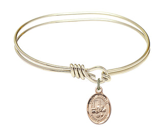 5 3/4 inch Oval Eye Hook Hamilton Gold Bangle Bracelet with a 14kt Gold Filled Saint Rosalia charm. Engraved Catholic Saint Jewelry