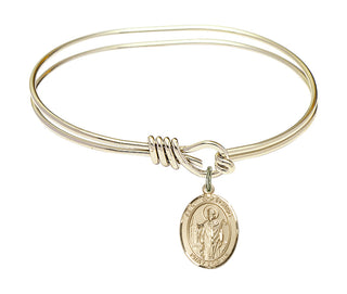 5 3/4 inch Oval Eye Hook Hamilton Gold Bangle Bracelet with a 14kt Gold Filled Saint Wolfgang charm. Engraved Catholic Saint Jewelry