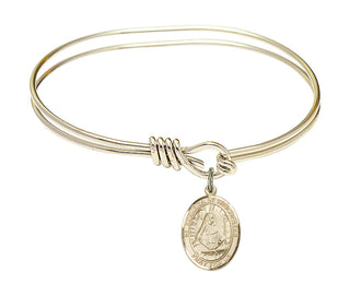 5 3/4 inch Oval Eye Hook Hamilton Gold Bangle Bracelet with a 14kt Gold Filled Saint Edburga of Winchester charm. Engraved Catholic Saint Jewelry