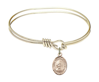 5 3/4 inch Oval Eye Hook Hamilton Gold Bangle Bracelet with a 14kt Gold Filled Saint Arnold Janssen charm. Engraved Catholic Saint Jewelry