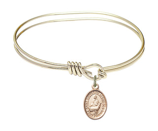 5 3/4 inch Oval Eye Hook Hamilton Gold Bangle Bracelet with a 14kt Gold Filled Saint Catherine of Sweden charm. Engraved Catholic Saint Jewelry
