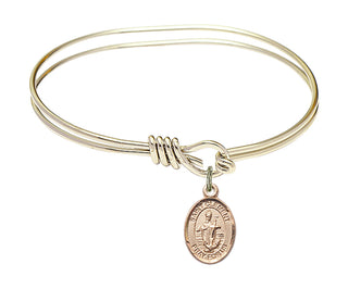 5 3/4 inch Oval Eye Hook Hamilton Gold Bangle Bracelet with a 14kt Gold Filled Saint Clement charm. Engraved Catholic Saint Jewelry
