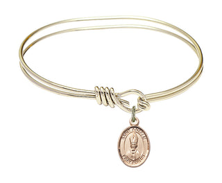 5 3/4 inch Oval Eye Hook Hamilton Gold Bangle Bracelet with a 14kt Gold Filled Saint Anselm of Canterbury charm. Engraved Catholic Saint Jewelry