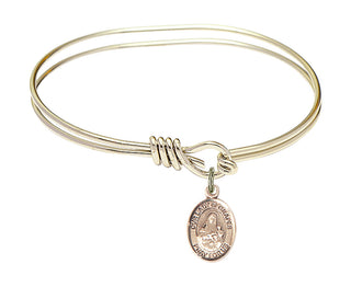 5 3/4 inch Oval Eye Hook Hamilton Gold Bangle Bracelet with a 14kt Gold Filled Our Lady of Grapes charm. Engraved Catholic Saint Jewelry