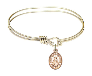 5 3/4 inch Oval Eye Hook Hamilton Gold Bangle Bracelet with a 14kt Gold Filled Saint John Chrysostom charm. Engraved Catholic Saint Jewelry