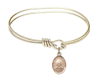 5 3/4 inch Oval Eye Hook Hamilton Gold Bangle Bracelet with a 14kt Gold Filled Saint Josemaria Escriva charm. Engraved Catholic Saint Jewelry