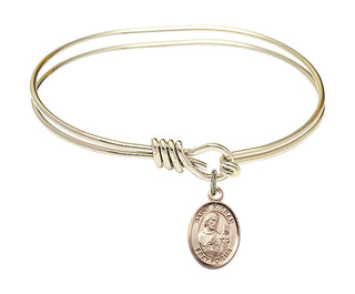 5 3/4 inch Oval Eye Hook Hamilton Gold Bangle Bracelet with a 14kt Gold Filled Saint Kieran charm. Engraved Catholic Saint Jewelry