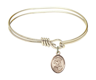 5 3/4 inch Oval Eye Hook Hamilton Gold Bangle Bracelet with a 14kt Gold Filled Saint Vitus charm. Engraved Catholic Saint Jewelry