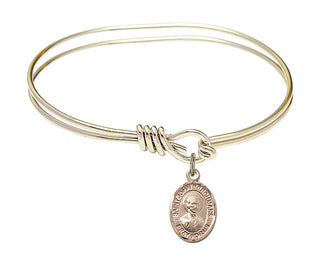 5 3/4 inch Oval Eye Hook Hamilton Gold Bangle Bracelet with a 14kt Gold Filled Saint John Berchmans charm. Engraved Catholic Saint Jewelry