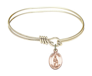 5 3/4 inch Oval Eye Hook Hamilton Gold Bangle Bracelet with a 14kt Gold Filled Saint Anne charm. Engraved Catholic Saint Jewelry