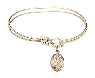 5 3/4 inch Oval Eye Hook Hamilton Gold Bangle Bracelet with a 14kt Gold Filled Saint Rocco charm. Engraved Catholic Saint Jewelry