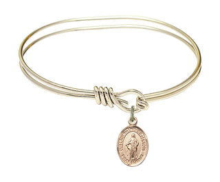 5 3/4 inch Oval Eye Hook Hamilton Gold Bangle Bracelet with a 14kt Gold Filled Our Lady the Undoer of Knots charm. Engraved Catholic Saint Jewelry