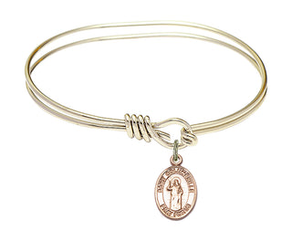 5 3/4 inch Oval Eye Hook Hamilton Gold Bangle Bracelet with a 14kt Gold Filled Saint Columbkille charm. Engraved Catholic Saint Jewelry