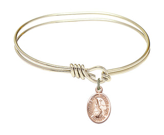 5 3/4 inch Oval Eye Hook Hamilton Gold Bangle Bracelet with a 14kt Gold Filled Saint Jeanne Chezard de Matel charm. Engraved Catholic Saint Jewelry