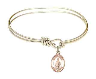 5 3/4 inch Oval Eye Hook Hamilton Gold Bangle Bracelet with a 14kt Gold Filled Saint Eligius charm. Engraved Catholic Saint Jewelry