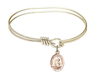 5 3/4 inch Oval Eye Hook Hamilton Gold Bangle Bracelet with a 14kt Gold Filled Blessed Herman the Cripple charm. Engraved Catholic Saint Jewelry