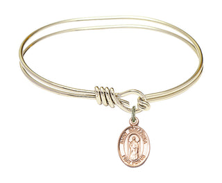 5 3/4 inch Oval Eye Hook Hamilton Gold Bangle Bracelet with a 14kt Gold Filled Saint Seraphina charm. Engraved Catholic Saint Jewelry