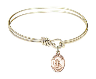 5 3/4 inch Oval Eye Hook Hamilton Gold Bangle Bracelet with a 14kt Gold Filled Saint Maron charm. Engraved Catholic Saint Jewelry