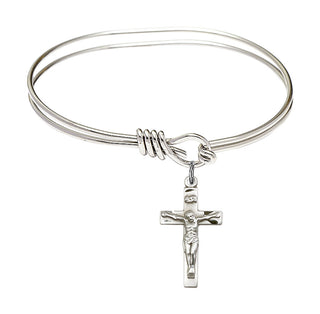 5 3/4 inch Oval Eye Hook Rhodium Bangle Bracelet with a Sterling Silver Crucifix charm.