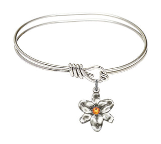 5 3/4 inch Oval Eye Hook Rhodium Bangle Bracelet with a Sterling Silver Chastity charm.