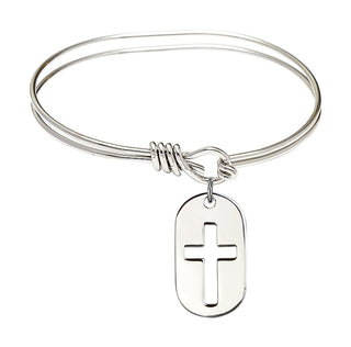 5 3/4 inch Oval Eye Hook Rhodium Bangle Bracelet with a Sterling Silver Cross Dog Tag charm.