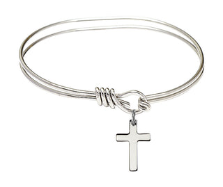 5 3/4 inch Oval Eye Hook Rhodium Bangle Bracelet with a Sterling Silver Cross charm.
