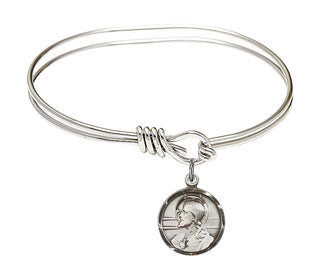 5 3/4 inch Oval Eye Hook Rhodium Bangle Bracelet with a Sterling Silver Scapular charm. Engraved Catholic Saint Jewelry