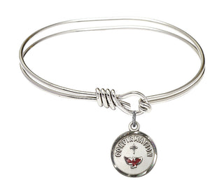 5 3/4 inch Oval Eye Hook Rhodium Bangle Bracelet with a Sterling Silver Confirmation charm. Engraved Catholic Saint Jewelry