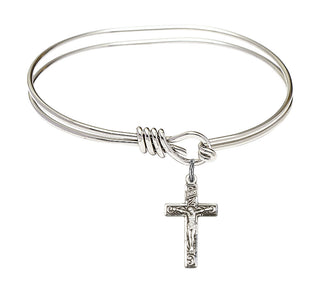 5 3/4 inch Oval Eye Hook Rhodium Bangle Bracelet with a Sterling Silver Crucifix charm.